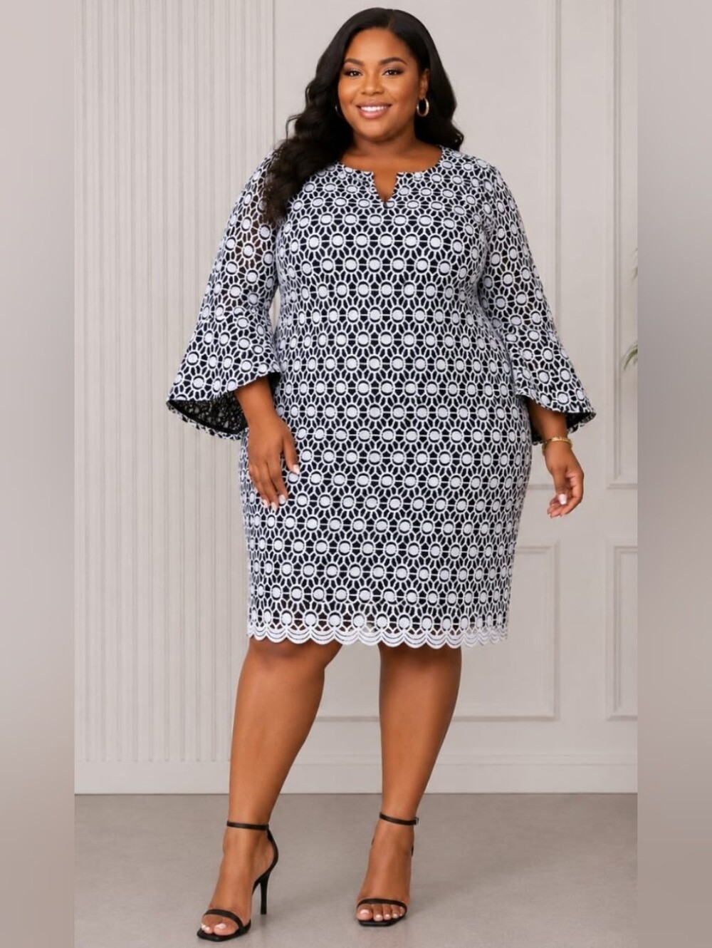 Robbie Bee Black and White Lace Midi Dress with Bell Sleeves Lace | Bell Sleeve